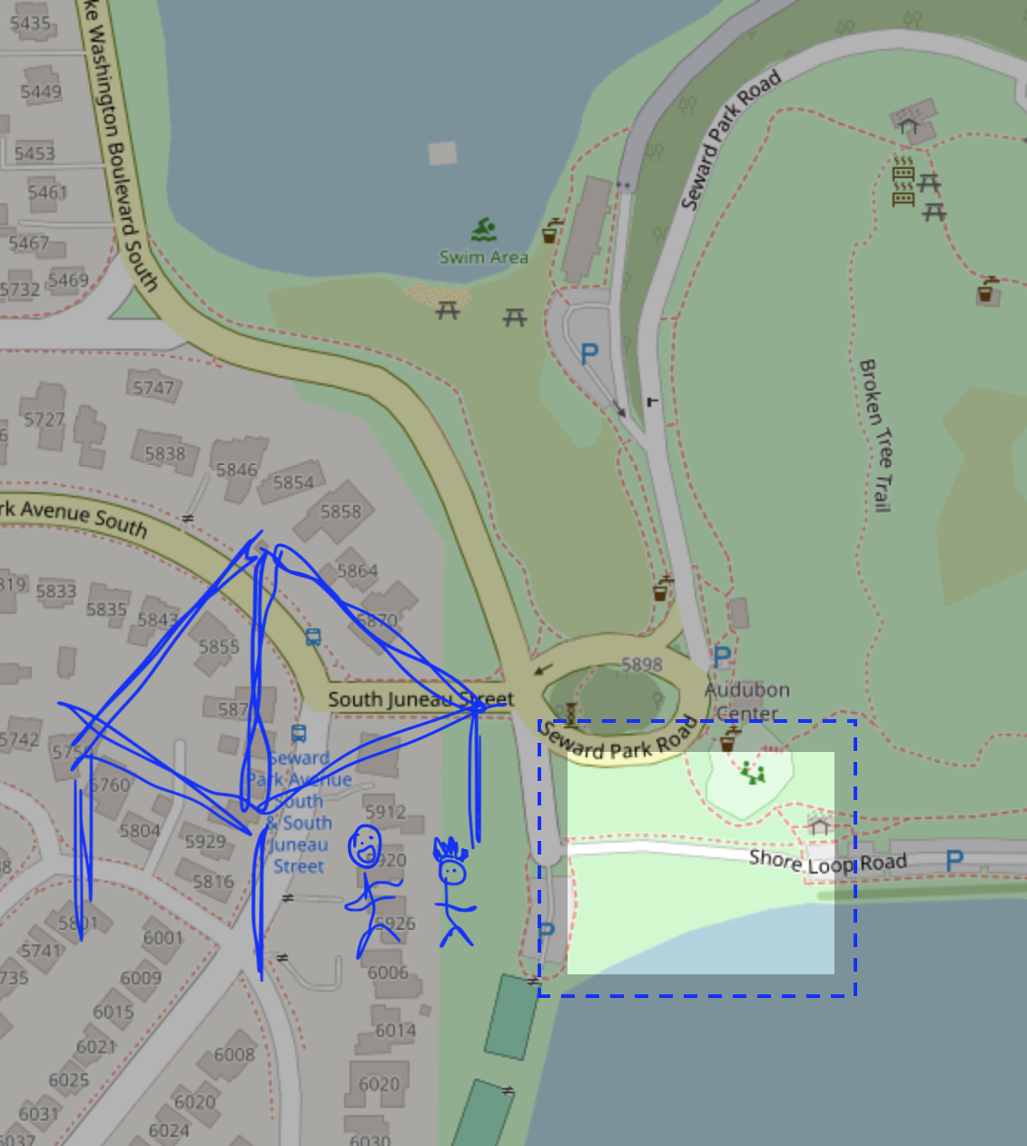 map highlighting a playground and shorefront area at the front of Seward Park for finding the canopy meetup